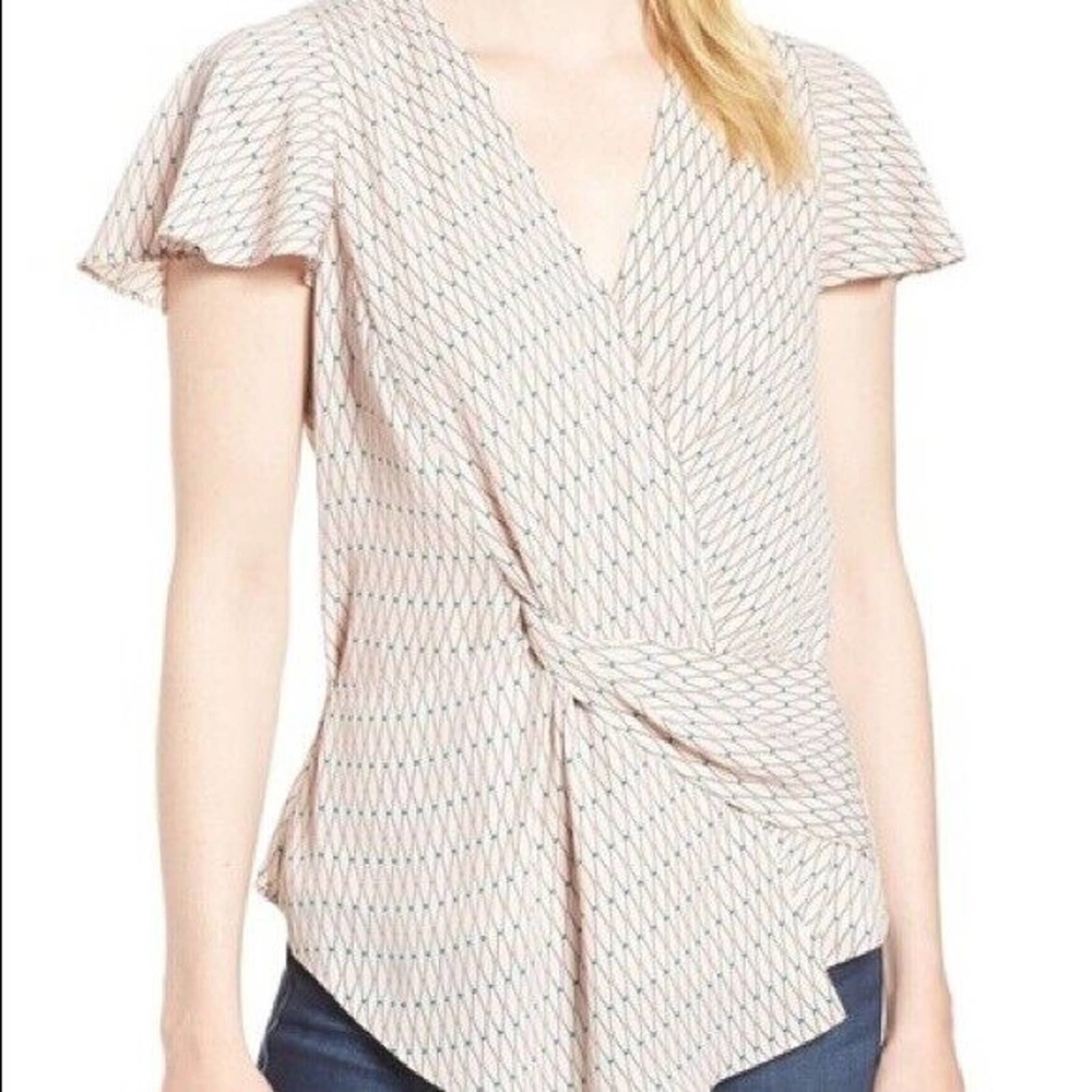Trouve Flutter Sleeve Knot Front Surplice Blouse Pink Sz XS